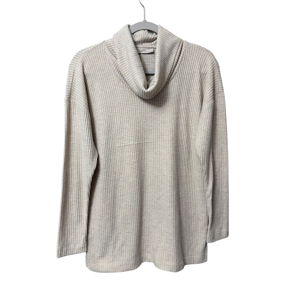 LOFT Womens Beige Waffle Knit Cowl Neck Tunic Sweater Metallic Gold Accents M